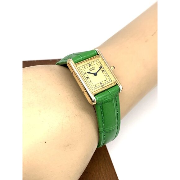 Cartier Must de Tank Women's Watch 366001 Swiss Quartz Gold Green Leather 21mm - Picture 4 of 12